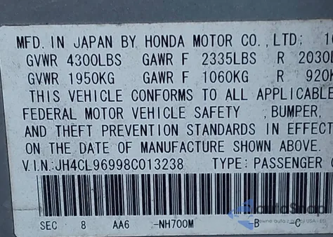 2008 Acura Tsx from USA, damaged, VIN JH4CL96998C013238